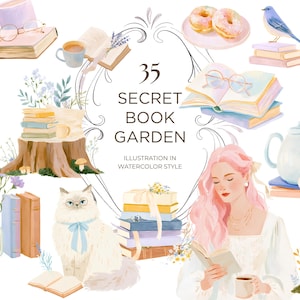 以下が含まれることがあります： 本、花、猫、ティーポット、マグカップ、読書をする人々を描いた水彩画のコレクション。中央のテキストには「35 SECRET BOOK GARDEN ILLUSTRATION IN WATERCOLOR STYLE」と書かれており、様々な装飾要素やアイテムが周囲に配置されています。