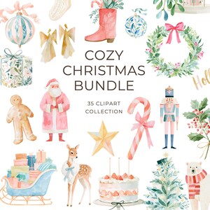 Cozy Christmas Watercolor Clipart, Pastel Holiday PNG Bundle, Nutcracker Ballerina Deer Christmas Clipart, 35 PNG, Commercial Use