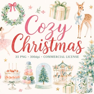 Op de afbeelding: Een digitale collectie van aquarel kerstillustraties met een notenkraker, ballerina, de Kerstman, een hert, ijsbeer, versierde boom, cadeaus, krans, zuurstok, taart, macarons, sneeuwbol, draaimolen en de tekst Cozy Christmas.
