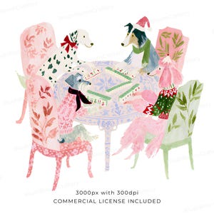 May include: A watercolor illustration of four dogs sitting on chairs around a round table playing mahjong. The dogs include a Dalmatian, a Schnauzer, a Collie, and a Poodle, all wearing festive holiday sweaters and accessories. Text reads 3000px with 300dpi.