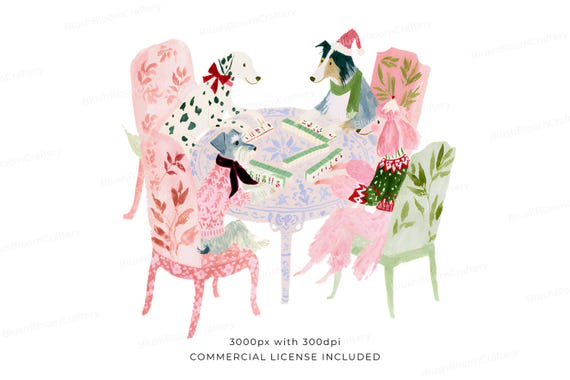 Christmas Dog Mahjong Clipart, Watercolor Holiday Mahjong PNG, Festive Dogs Playing Mahjong, Whimsical Christmas Illustration