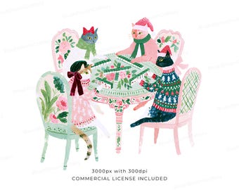 May include: A watercolor illustration of four cats sitting on ornate chairs around a round table playing mahjong. The cats wear festive winter clothing including scarves, hats, and sweaters. The table features floral patterns and green tiles.