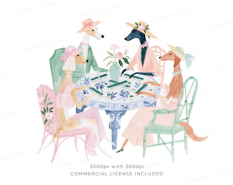 May include: A watercolor illustration of four anthropomorphic dogs wearing hats and dresses, seated around a round table playing a game with green tiles. A vase with pink flowers sits in the center of the table, which features blue and white patterns.