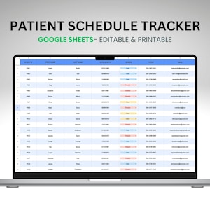 Könnte beinhalten: Ein Laptop zeigt einen Patientenplaner in Google Sheets. Der Bildschirm zeigt eine Tabelle mit Spalten für Patienten-ID, Vor- und Nachname, Geburtsdatum, Geschlecht, Telefon und E-Mail. Der Text "PATIENT SCHEDULE TRACKER" steht oben.