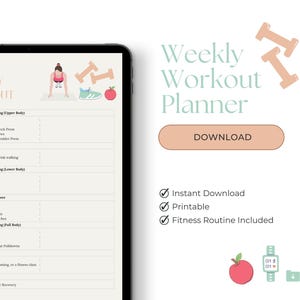 Puede incluir: Un planificador de entrenamiento semanal digital que se muestra en una tableta. El planificador incluye secciones para entrenamiento de fuerza, cardio y ejercicios de flexibilidad. El texto "Weekly Workout Planner" es visible, junto con un botón "Download" e iconos.