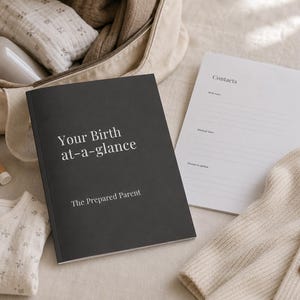 Puede incluir: Un libro negro titulado Your Birth at-a-glance de The Prepared Parent, junto a una hoja de contactos blanca, una bolsa beige, una botella de agua gris claro, un tubo blanco pequeño, una prenda blanca estampada y un cárdigan de punto beige con botones marrones.