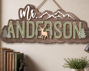 Personalized Woodland Teacher Door Sign, Custom Teacher Name Sign, Classroom Door Decor, Back To School Teacher Gift, Male Teacher Gift