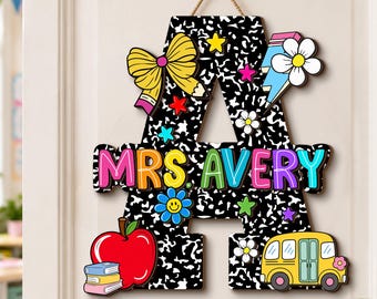 Personalized Alphabet Teacher Name Sign for Door: Back To School Teacher Gift, Retro Teacher Door Sign, Classroom Decor, Custom Door Hanger