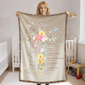 Personalized Christian Name Blanket with Bible Verse: Custom Birth Flower Scripture Blanket, Religious Gift for Daughter, Baptism Gift Girl
