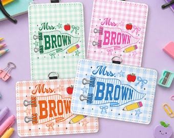 Custom Name Teacher Pennant Badge Holder: Stripes Teacher ID Card Holder, Coquette Back To School Gift, School Supplies Lanyard Accessories