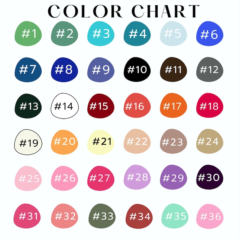 May include: A color chart featuring thirty-six numbered, irregular circular swatches arranged in a grid. Each swatch displays a distinct hue, ranging from greens, blues, and purples to reds, oranges, yellows, pinks, black, white, and various neutrals.