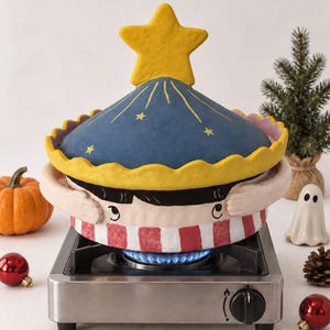 May include: A ceramic pot with a lid featuring a yellow star topper and a blue conical top with yellow stars. The pot base has a red and white striped pattern and sculpted arms wrapping around the sides, with a face depicted on the front surface.