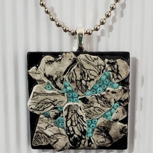 Beautiful OOAK original handpainted pendant necklace. Clay and wood Handmade  Wearable art. Hand painted. Tiny bead accent  Clay meets wood.
