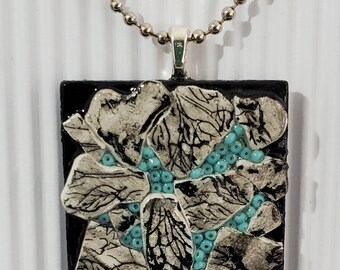 Beautiful OOAK original handpainted pendant necklace. Clay and wood Handmade  Wearable art. Hand painted. Tiny bead accent  Clay meets wood.