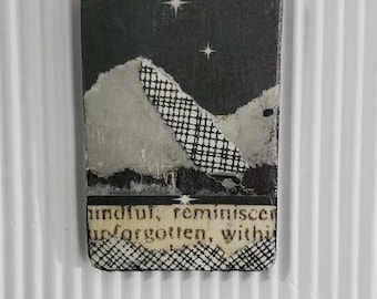 Original OOAK handmade collaged pendant necklace.  Collage. Starry sky. Tall mountains.  Wearable art. Rectangle wood. Dreamy Shades of gray