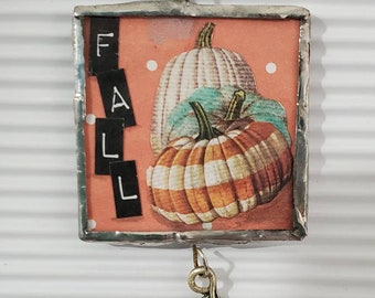 Original OOAK necklace pendant with soldered sides. 1 1/2 x 1 1/2" square glass slide. Handmade.  Fall autumn pie pumpkins acorn charm