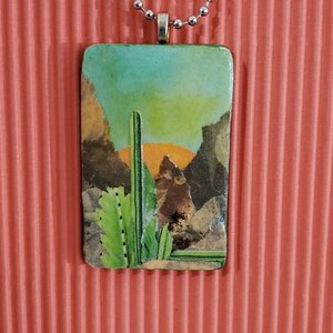 Saguaro at sunset.  Original OOAK handmade pendant necklace.  Collage. Cacti. Sunset Desert  Mountain. Cactus Wearable art.  Rectangle wood