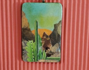 Saguaro at sunset.  Original OOAK handmade pendant necklace.  Collage. Cacti. Sunset Desert  Mountain. Cactus Wearable art.  Rectangle wood