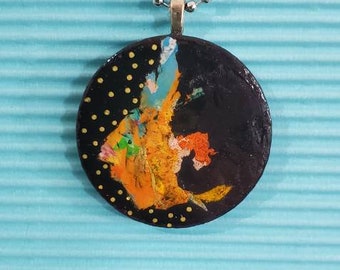 OOAK original handpainted pendant necklace.  Abstract. Black. Teal. Orange. Round. Hand painted.  Handmade. Wearable art.  Wooden disc.