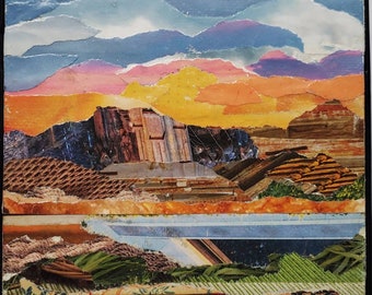 Beautiful OOAK torn paper collage. Published in Somerset Studios Magazine February 2022. Sedona magic. 4x4" in black frame. Southwest.