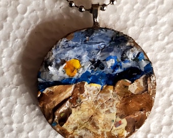 Rugged paths is a OOAK, original, handpainted wooden pendant/necklace. It features a rocky rugged path heading into the hills. Wearable art.