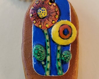 Hand-Painted Floral Pendant Necklace, Driftwood Jewelry