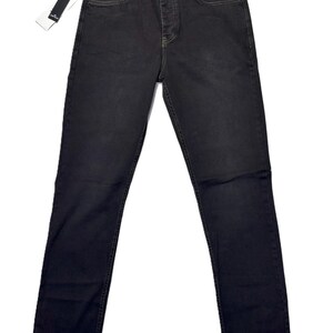 May include: Dark gray denim jeans with a classic five-pocket design. The jeans have a button and zipper closure, belt loops, and a straight leg fit. A black tag is attached to the jeans.