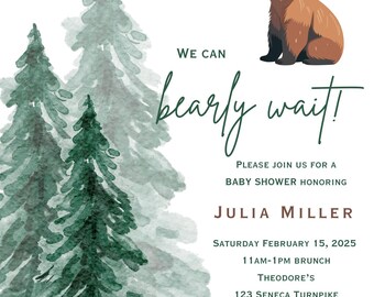 Puede incluir: Invitación a un baby shower con un diseño de bosque en acuarela y una ilustración de oso pardo. El texto dice "We can bearly wait!" e incluye los detalles del evento para el baby shower de Julia Miller el 15 de febrero de 2025.
