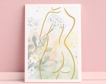 Minimalist Line Art Print: Woman's Back, Floral Silhouette (Digital Download)