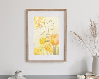 Impresión artística minimalista de líneas faciales: decoración floral femenina para el hogar (descarga digital)