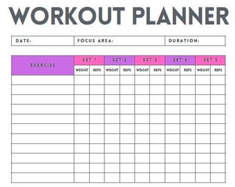 May include: A white workout planner with the text "WORKOUT PLANNER" at the top. The planner includes sections for date, focus area, and duration. It has a table for exercises, sets, weight, and reps.