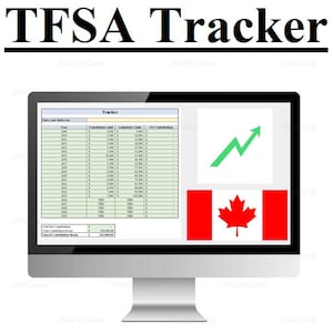 Può includere: Un monitor di computer che mostra un foglio di calcolo TFSA Tracker. Lo schermo mostra una tabella con dati finanziari, una freccia verde rivolta verso l'alto e la bandiera canadese. Il titolo "TFSA Tracker" è in alto.