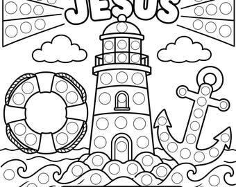 Christian Father’s Day Dot Marker Printable, Dad Gift From Kids, My Dad Leads Me to Jesus, Bible Verse Craft, Church Lighthouse Activity