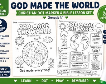 God Made the World Dot Marker and Bible Lesson Printable | Genesis 1:1 Christian Preschool Activity PDF PNG