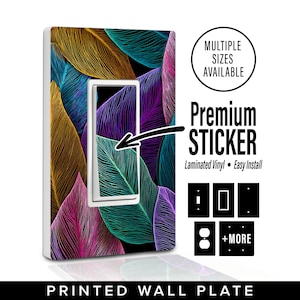 May include: A printed wall plate featuring a colorful leaf design in shades of gold, teal, purple, and pink. The plate has a white border and a cutout for a light switch. Text on the image says "Premium Sticker" and "Multiple Sizes Available."