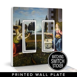May include: Printed wall plate featuring a Renaissance painting with two light switch cutouts. The artwork depicts figures in a garden setting with a blue sky. Includes a matching switch sticker.