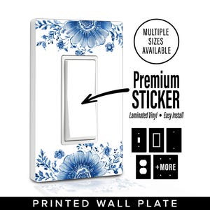 Blå blommig kant för strömbrytare | Botanisk väggplatta | Ljusbrytare i porslinsstil | Klassisk blå och vit heminredning | B18