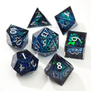 Resin DnD Dice Set Stained Glass Blue Resin DnD Dice Set, Sharp Edge Polyhedral Dice, Silver Ink Dice for TTRPG, D&D Gift