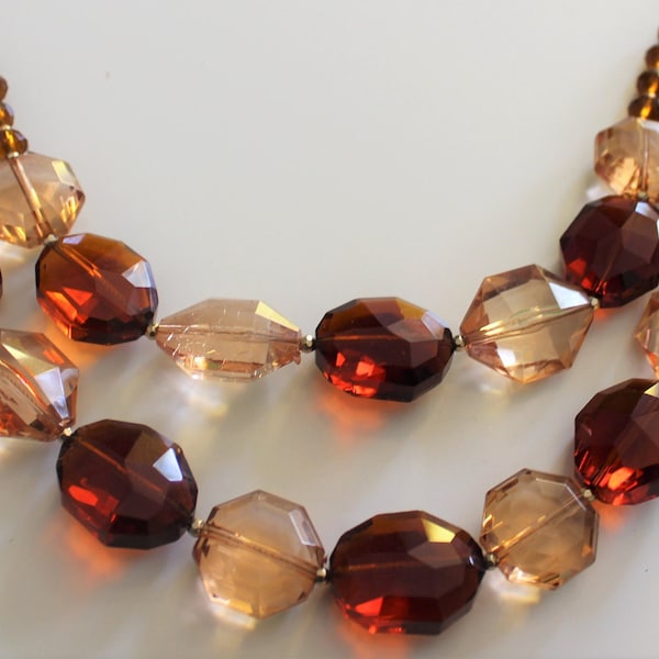 Vintage Double Strand Crystal Beaded Necklace Amber Gold Brown Signed THE LIMITED