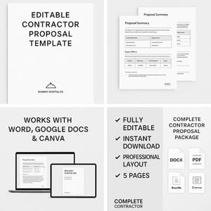 May include: A digital template for a contractor proposal. The design includes a white background with black text. The text includes "Editable Contractor Proposal Template", "Proposal Summary", and "Works with Word, Google Docs & Canva". The template is fully editable and an instant download.