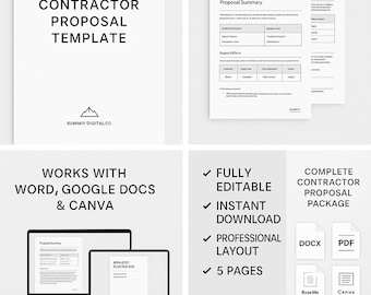 Editable Contractor Proposal Template | Construction Estimate | Business Bid Sheet | Instant Download | Word, Google Docs, Canva