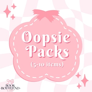 May include: A pink cloud-shaped graphic with the words "Oopsie Packs" in white script, with the text "(5-10 items)" below. The background is a pink and white checkered pattern, with pink star accents and a bow.