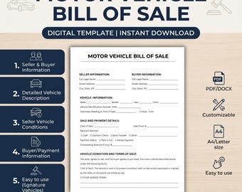 May include: A Motor Vehicle Bill of Sale digital template document featuring sections for seller and buyer information, vehicle details, sale and payment terms, and condition of sale, with numbered instructional icons on the left side.