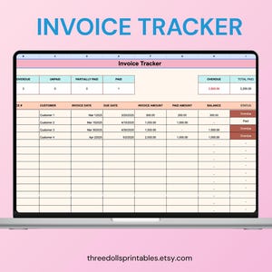 May include: A laptop displays an invoice tracker spreadsheet with the title "Invoice Tracker" in blue. The spreadsheet shows columns for customer, invoice date, due date, invoice amount, paid amount, balance, and status. The text "threedollsprintables.etsy.com" is at the bottom.