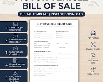 May include: A Motor Vehicle Bill of Sale digital template document featuring sections for seller and buyer information, vehicle details, sale and payment terms, and condition of sale, with numbered instructional icons on the left side.
