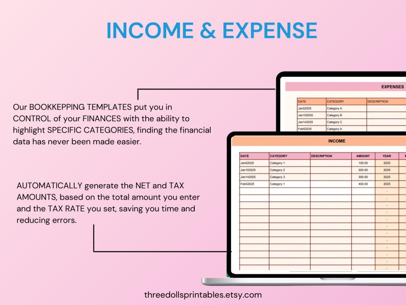 May include: A laptop displays an income and expense template with the text "INCOME & EXPENSE". The template highlights specific categories and automatically generates net and tax amounts. The website address threedollsprintables.etsy.com is visible.