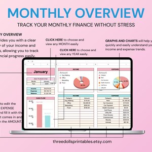 May include: A digital financial planner displayed on a laptop screen. The planner, titled "Monthly Overview," features charts, graphs, and expense tracking. The screen shows income, expenses, and cash flow data, with the text "Track Your Monthly Finance Without Stress."