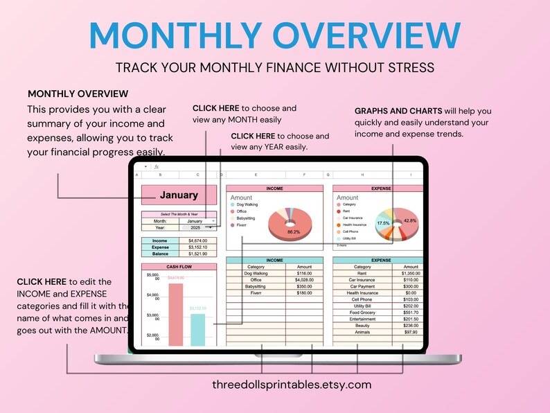 May include: A digital financial planner displayed on a laptop screen. The planner, titled "Monthly Overview," features charts, graphs, and expense tracking. The screen shows income, expenses, and cash flow data, with the text "Track Your Monthly Finance Without Stress."