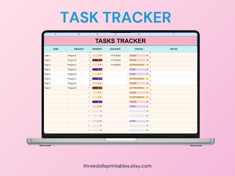 May include: A laptop displays a digital task tracker spreadsheet. The screen shows a table with columns for task, project, priority, due date, status, and notes. The text "TASK TRACKER" is at the top, and the website threedollsprintables.etsy.com is at the bottom.