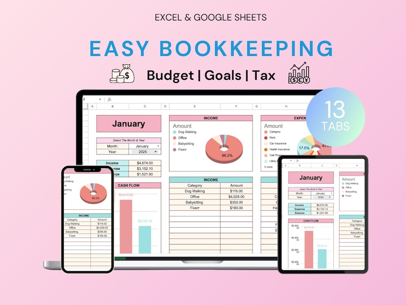 May include: A laptop, smartphone, and tablet display a spreadsheet with the text "EASY BOOKKEEPING." The spreadsheet shows budget, goals, and tax information, with charts and graphs. The screen displays "January" and has 13 tabs.